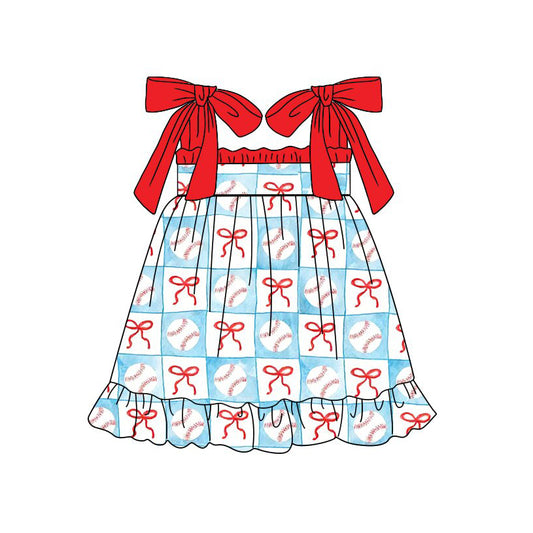 Baby Girls Strap Bows Baseballs Checked Team Ruffle Knee Length Dresses Preorder