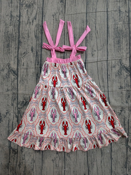 Baby Girls Strap Bows Crayfishes Checked Ruffle Knee Length Dresses
