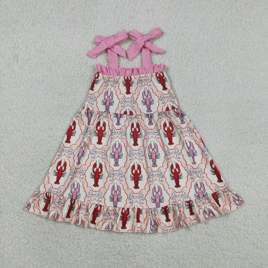Baby Girls Strap Bows Crayfishes Checked Ruffle Knee Length Dresses