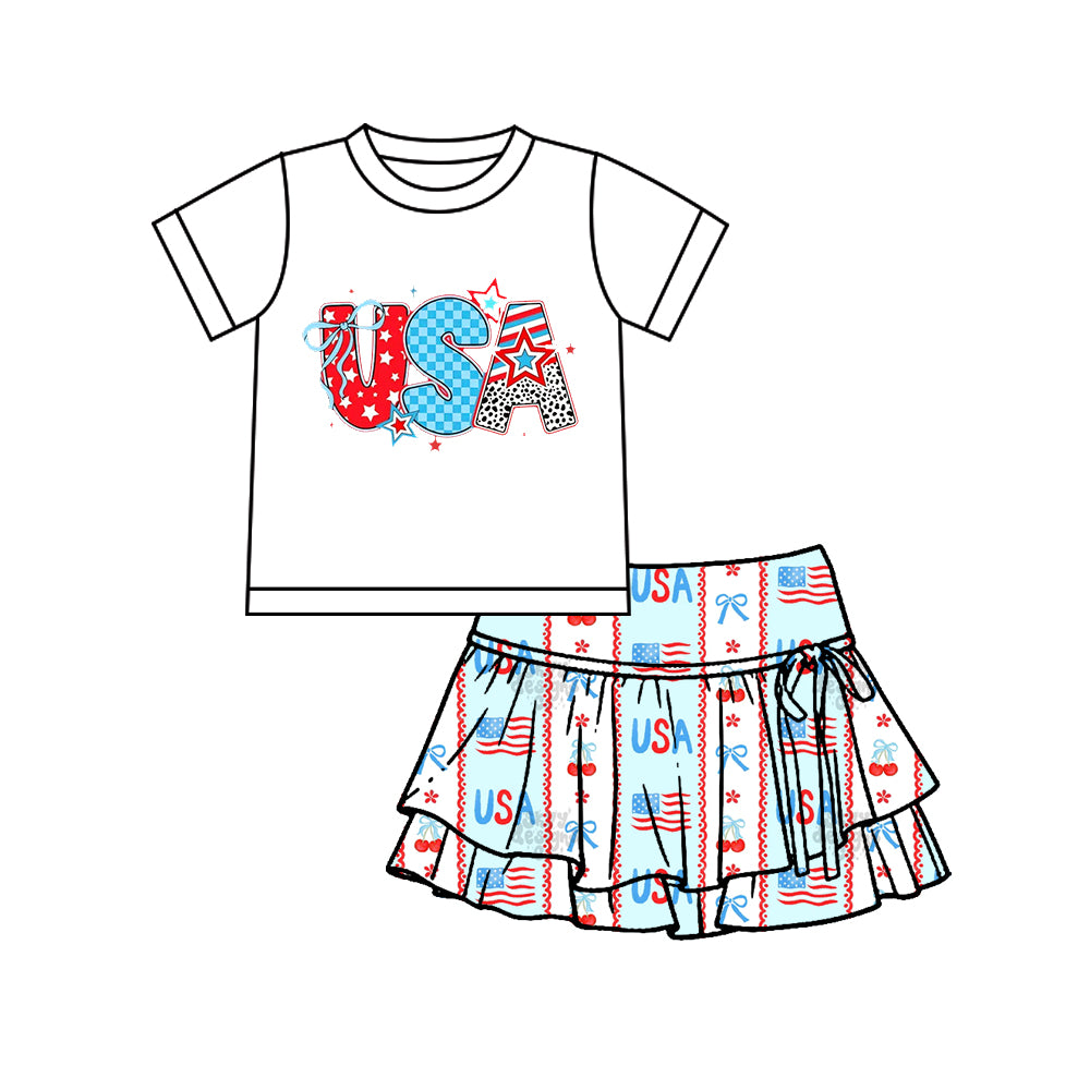Baby Girls USA Bows Top Yoga Active Skirt Shorts 4th of July Clothes Set Preorder