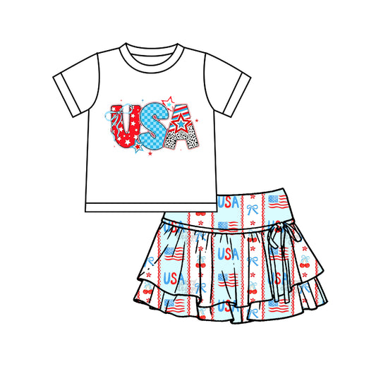 Baby Girls USA Bows Top Yoga Active Skirt Shorts 4th of July Clothes Set Preorder