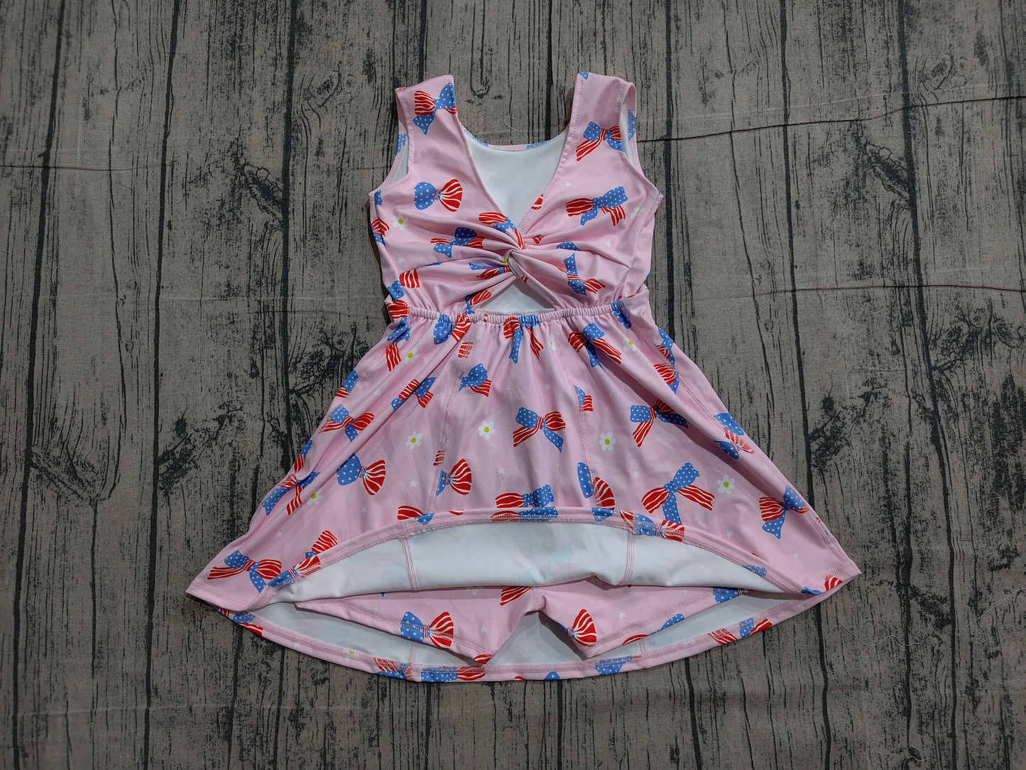 Baby Girls Flower Flag Bows 4th of July Yoga Active Shorts Knee Length Dresses