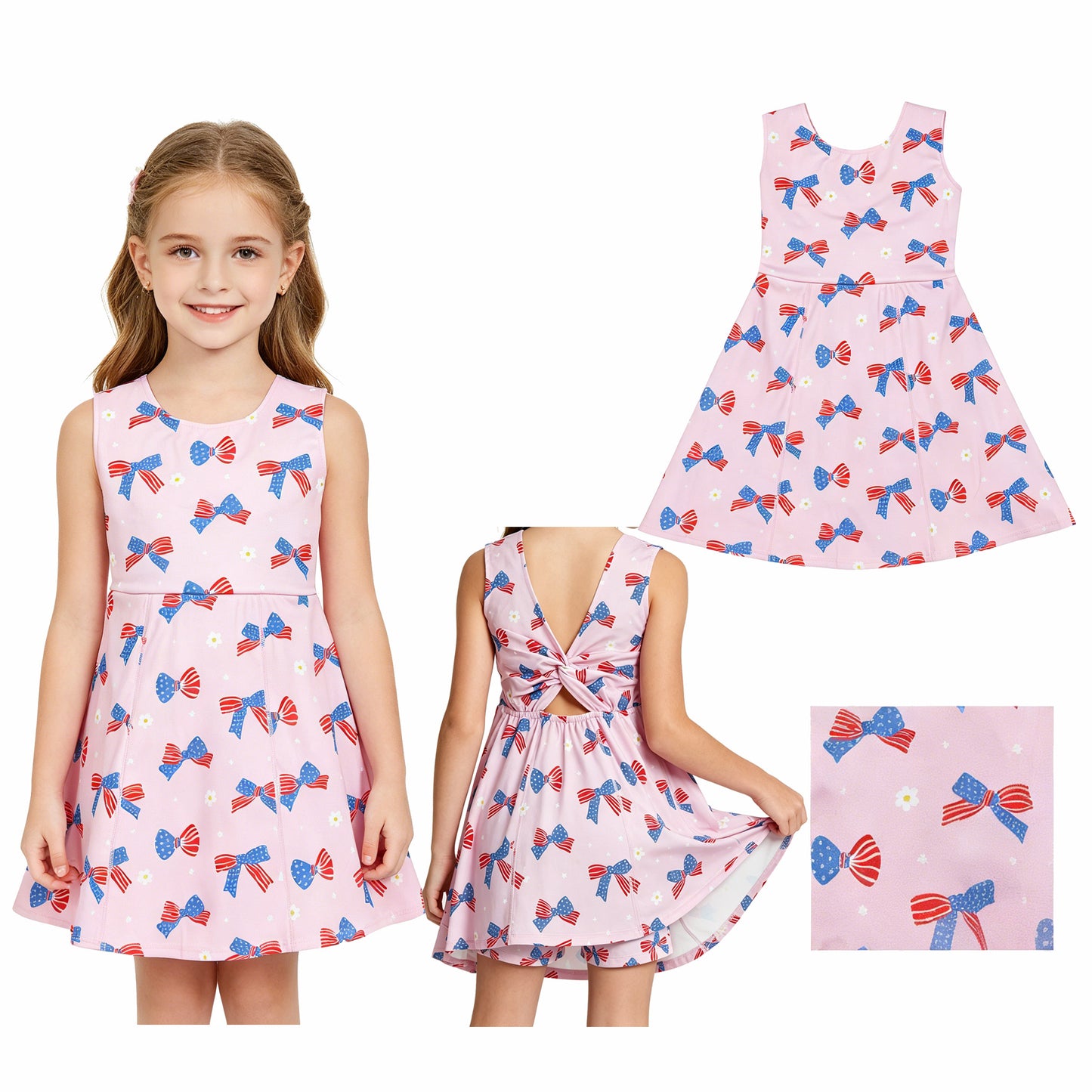Baby Girls Flower Flag Bows 4th of July Yoga Active Shorts Knee Length Dresses