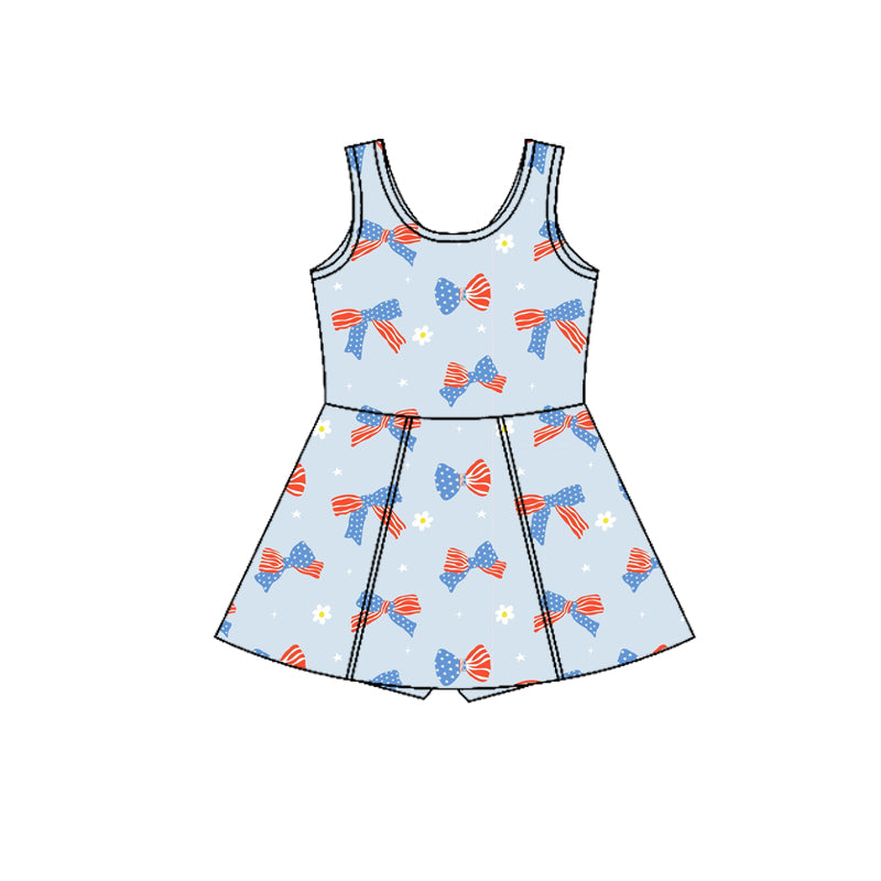 Baby Girls Blue Flower Flag Bows Yoga Active 4th of July Shorts Knee Length Dress Preorder