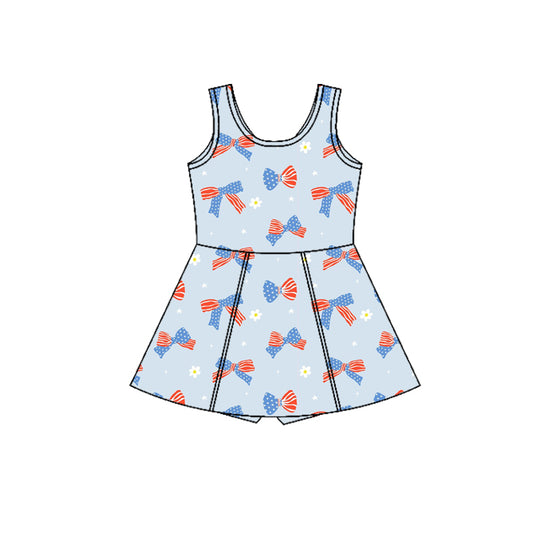 Baby Girls Blue Flower Flag Bows Yoga Active 4th of July Shorts Knee Length Dress Preorder