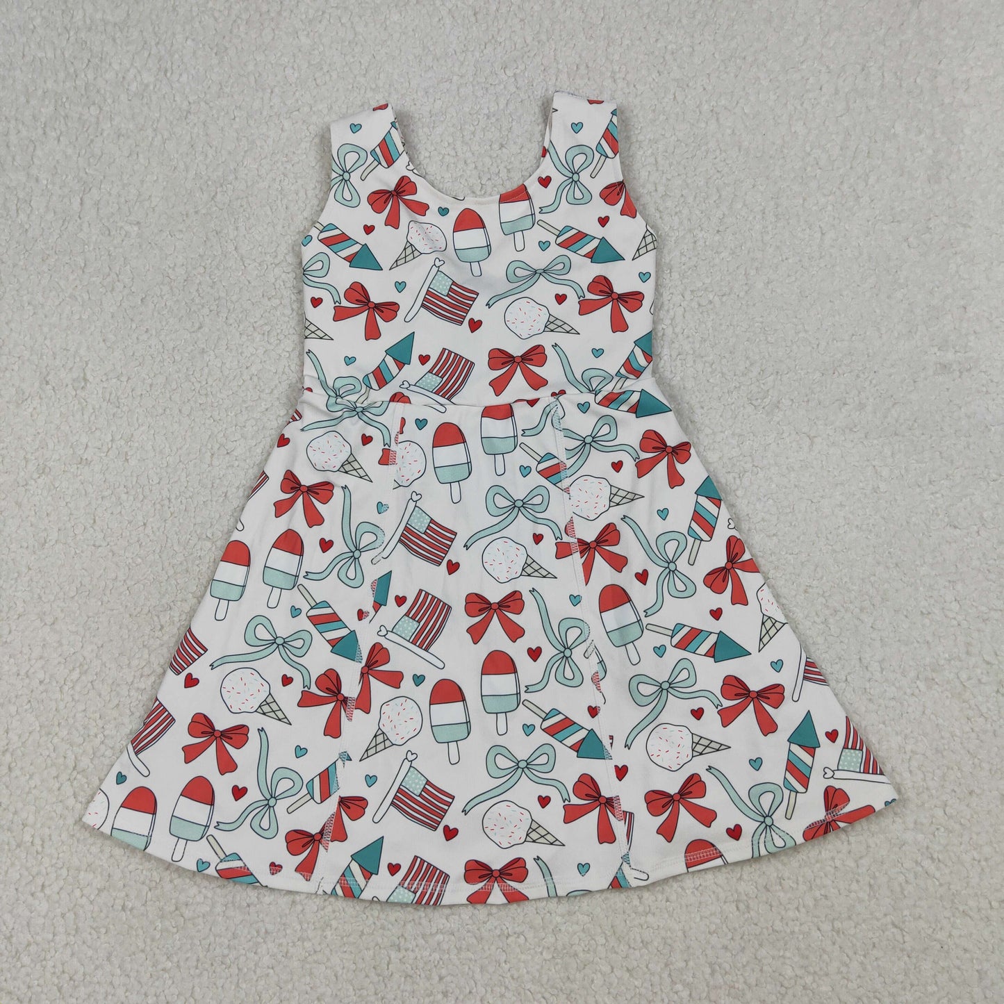 Sibling Baby Girls Red Blue Bows Popsicle 4th of July Yoga Active Shorts Knee Length Dress