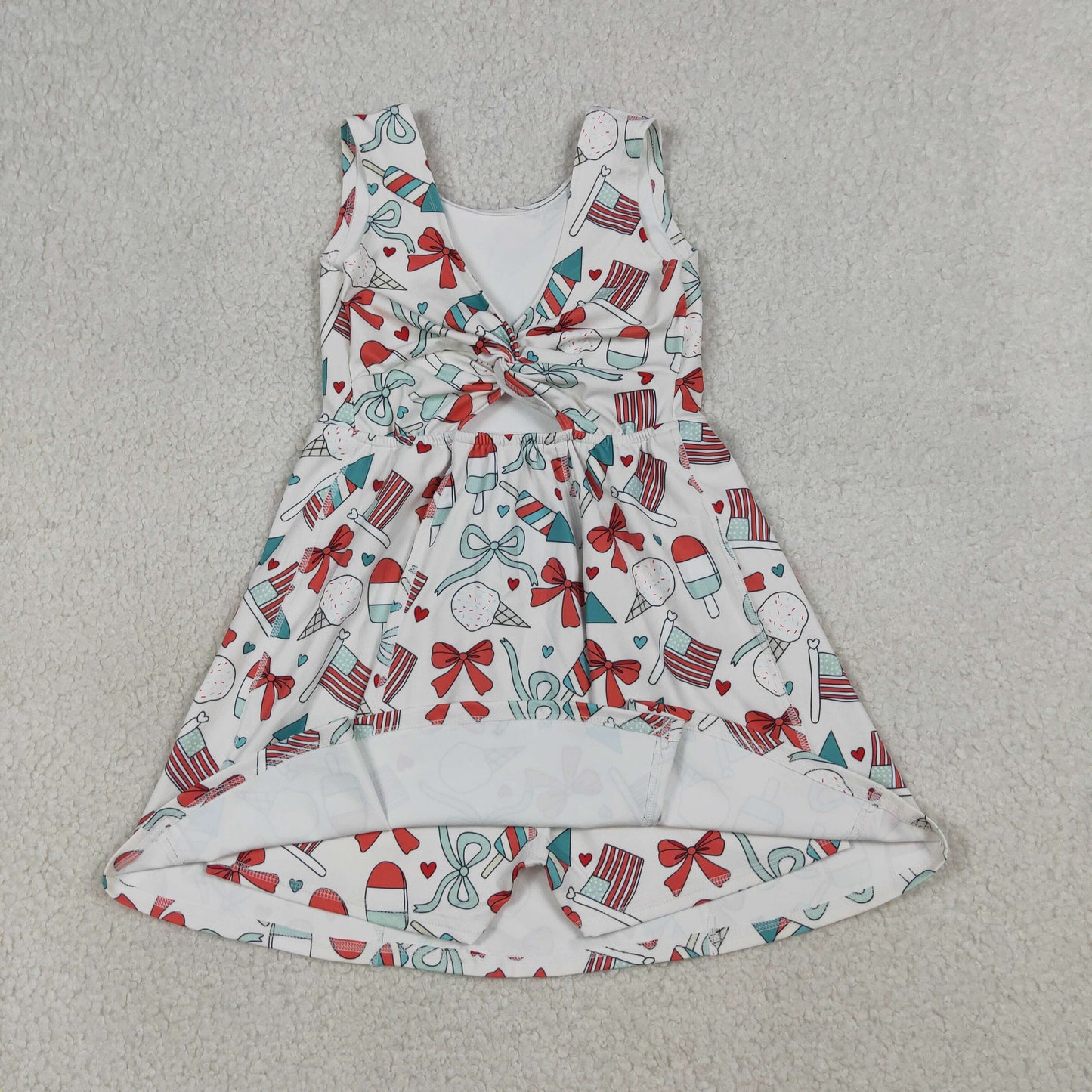 Sibling Baby Girls Red Blue Bows Popsicle 4th of July Yoga Active Shorts Knee Length Dress