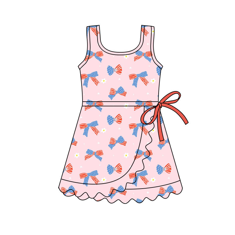 Baby Girls Pink Flower Bows Yoga Active 4th of July Scallop Shorts Knee Length Dress Preorder