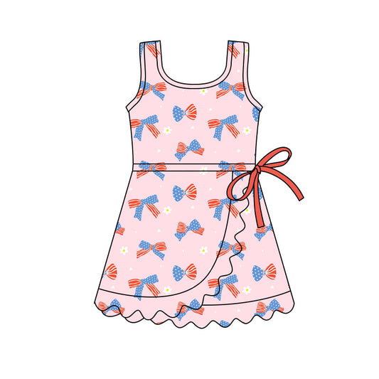 Baby Girls Pink Flower Bows Yoga Active 4th of July Scallop Shorts Knee Length Dress Preorder