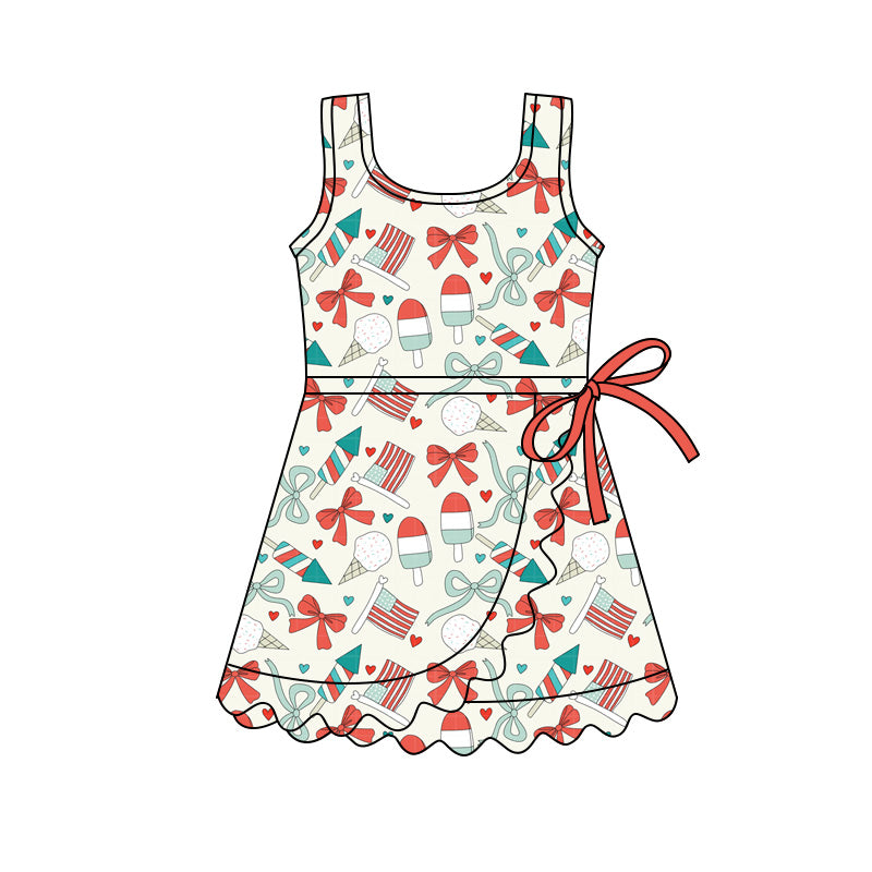 Baby Girls Flowers Bows Yoga Active 4th of July Scallop Shorts Knee Length Dress Preorder