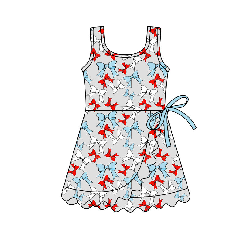 Baby Girls Red Blue Bows Yoga Active 4th of July Scallop Shorts Knee Length Dress Preorder
