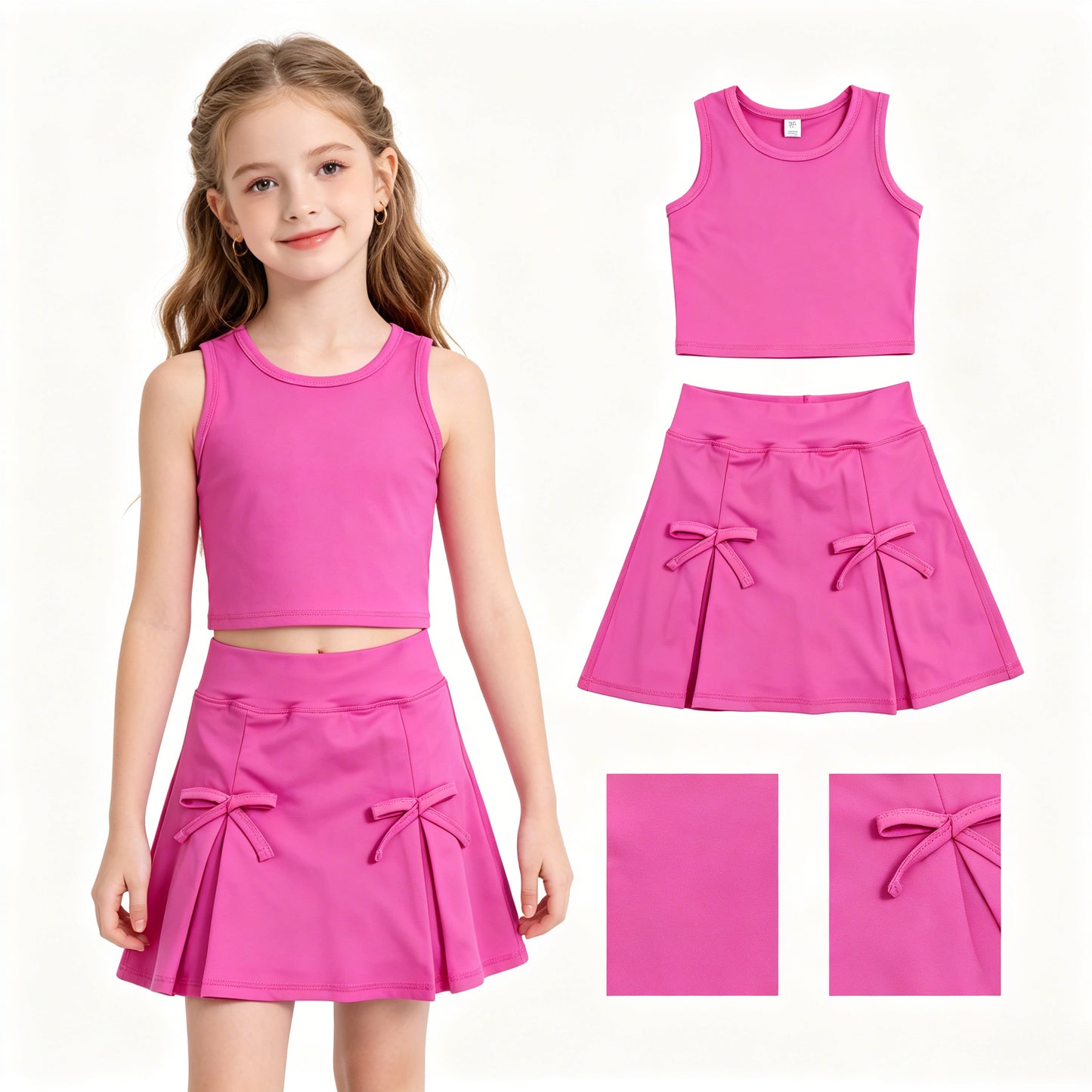 Baby Girls Hot Pink Vest Top Bows Skirt Shorts Yoga Active Clothes Set