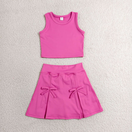 Baby Girls Hot Pink Vest Top Bows Skirt Shorts Yoga Active Clothes Set
