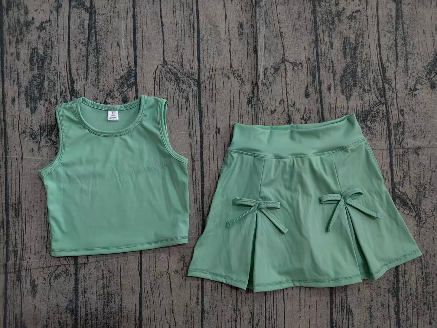 Baby Girls Green Vest Top Bows Skirt Shorts Yoga Active Clothes Set Preorder