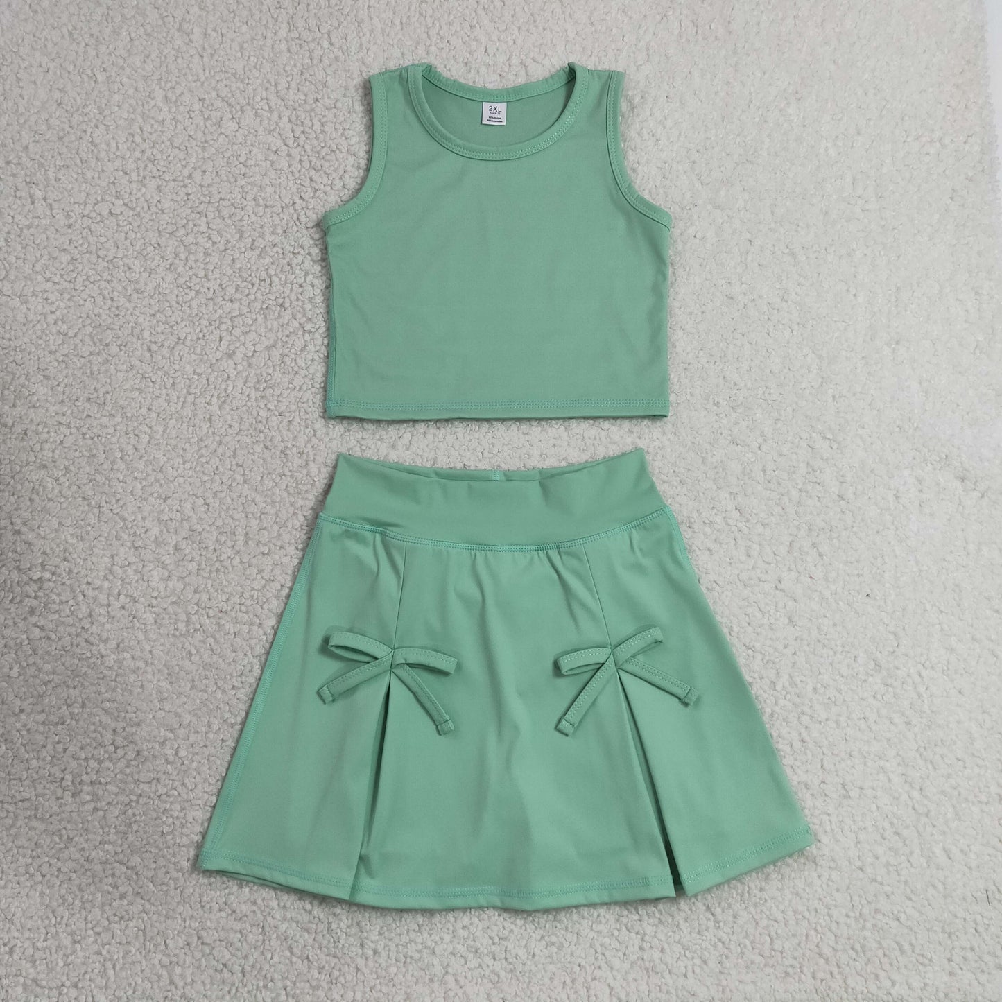 Baby Girls Green Vest Top Bows Skirt Shorts Yoga Active Clothes Set