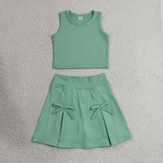 Baby Girls Green Vest Top Bows Skirt Shorts Yoga Active Clothes Set