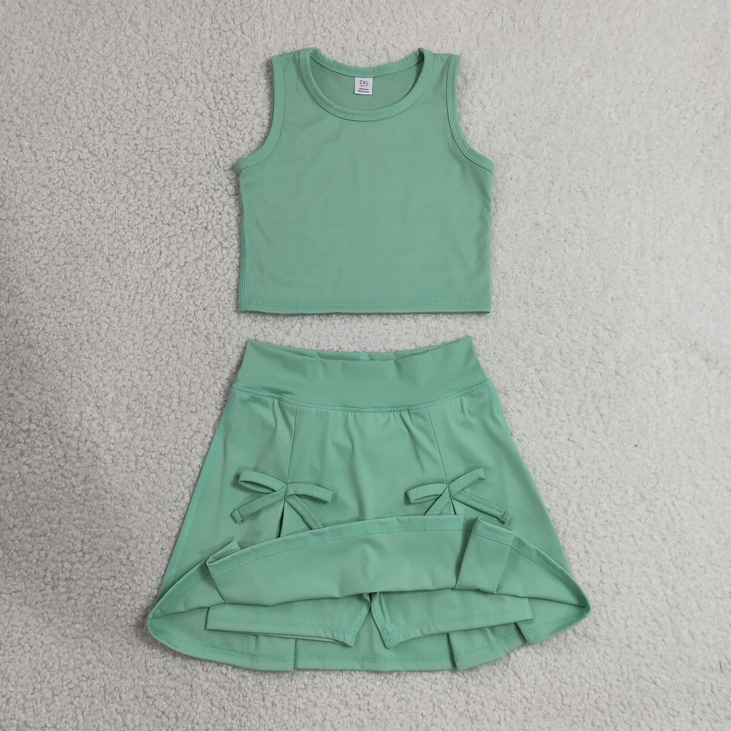 Baby Girls Green Vest Top Bows Skirt Shorts Yoga Active Clothes Set