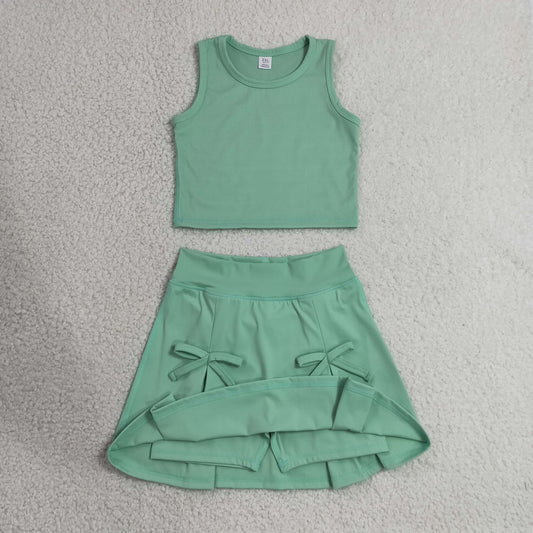 Baby Girls Green Vest Top Bows Skirt Shorts Yoga Active Clothes Set