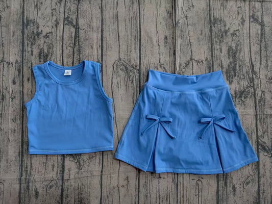 Baby Girls Blue Vest Top Bows Skirt Shorts Yoga Active Clothes Set Preorder