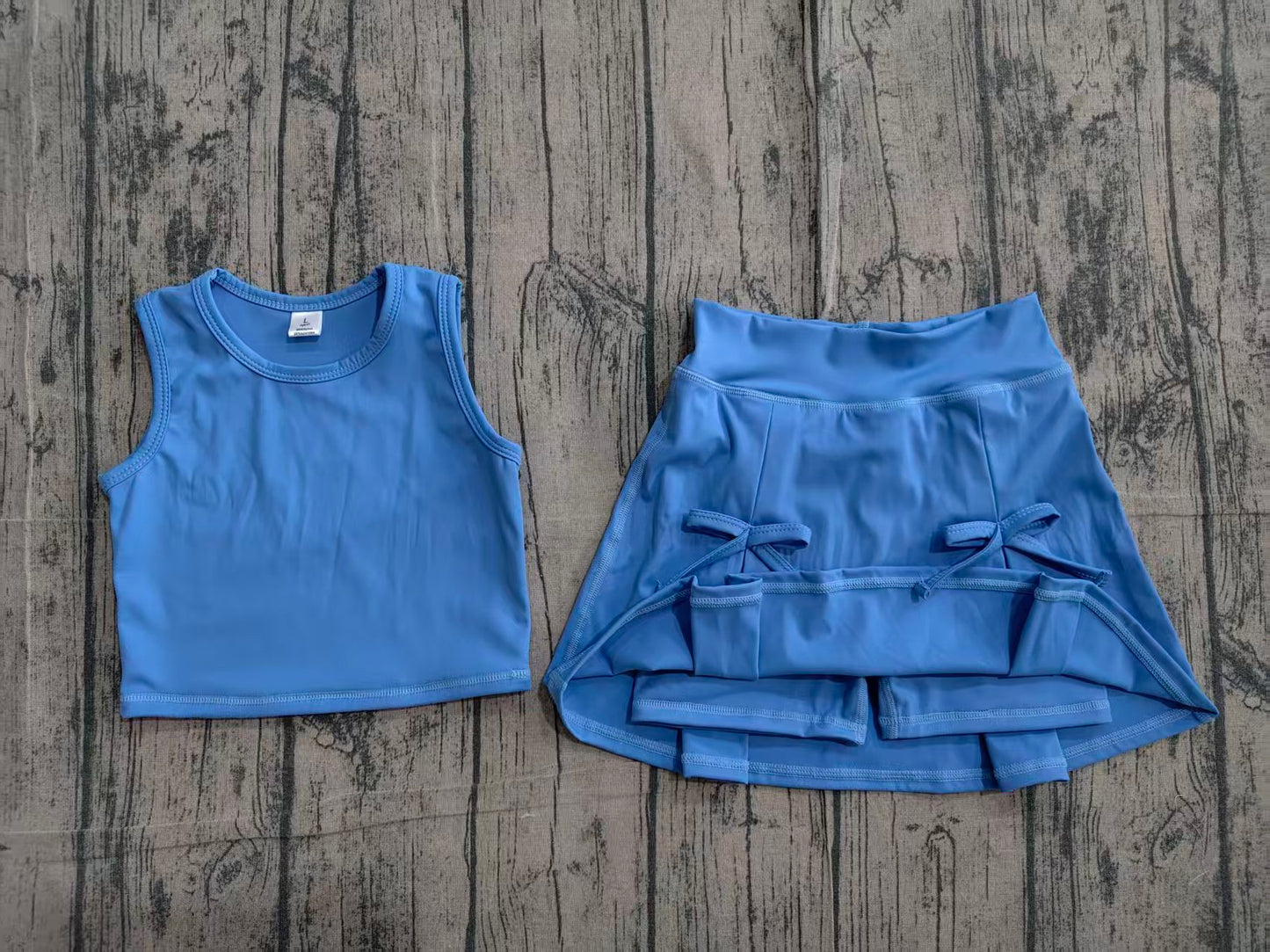 Baby Girls Blue Vest Top Bows Skirt Shorts Yoga Active Clothes Set Preorder