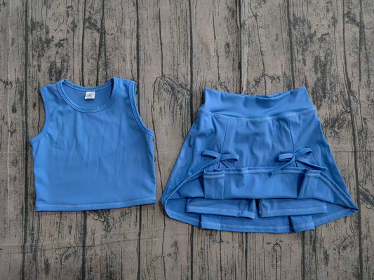 Baby Girls Blue Vest Top Bows Skirt Shorts Yoga Active Clothes Set Preorder