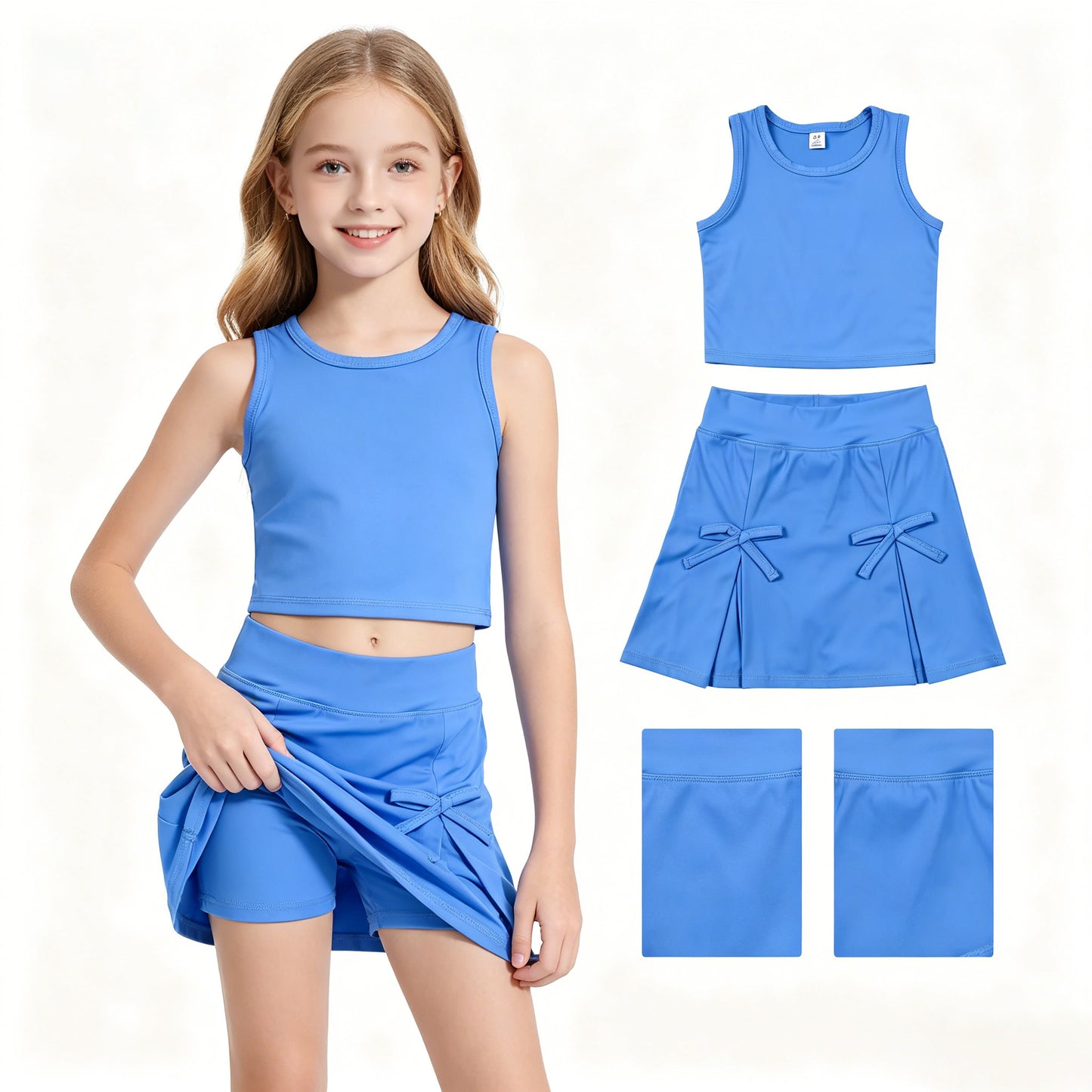 Baby Girls Hot Blue Vest Top Bows Skirt Shorts Yoga Active Clothes Set
