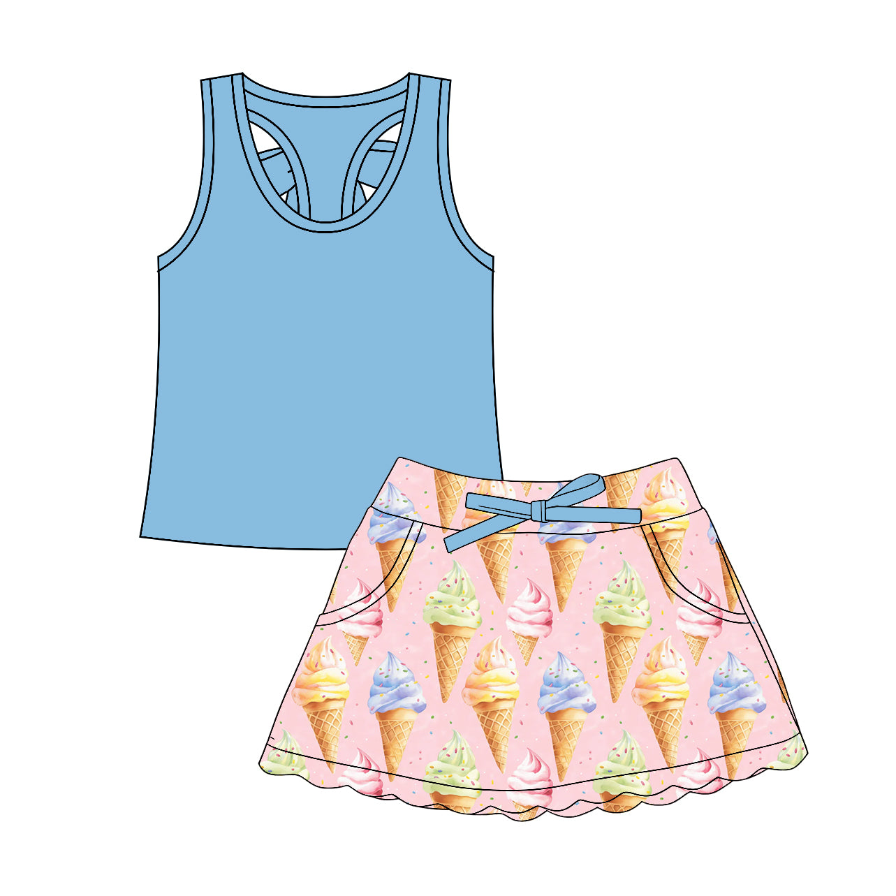 Baby Boys Blue Sleeveless Vests Ice Creams Pockets Skirt Shorts Clothes Set Preorder