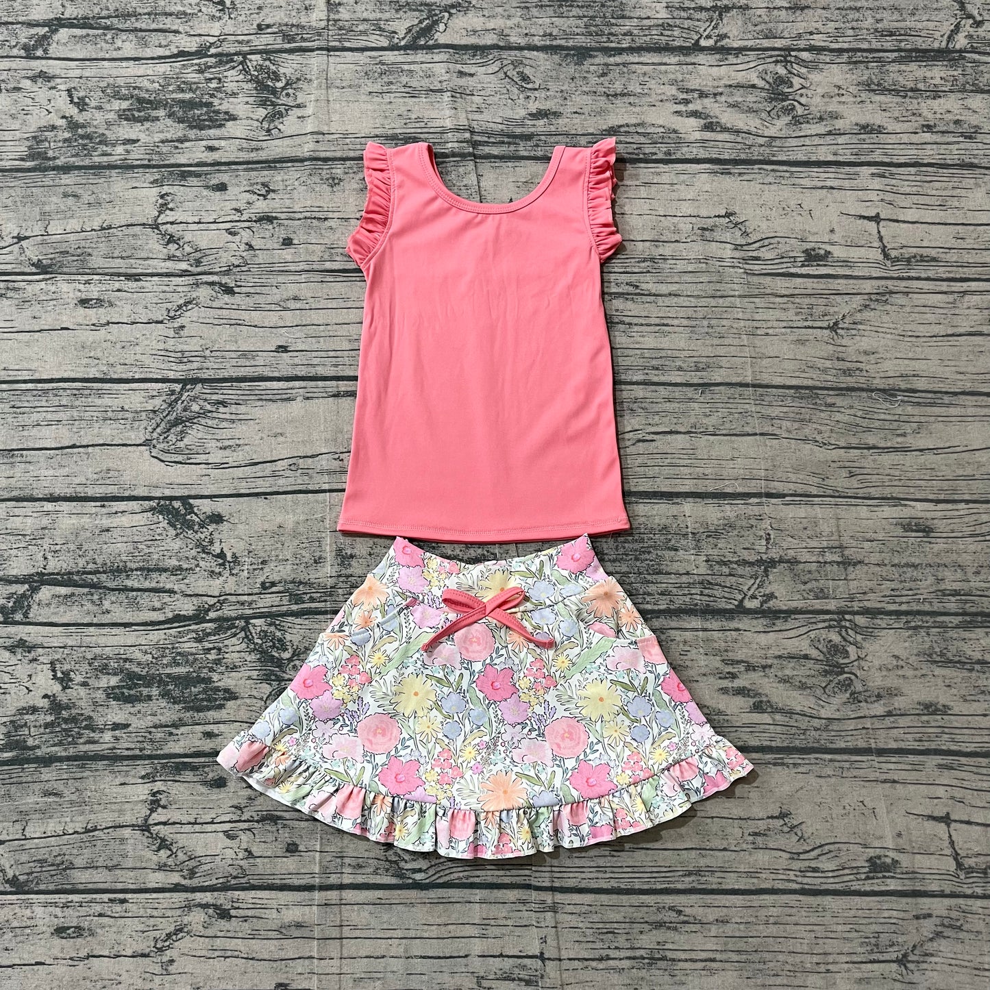 Baby Girls Peach Vest Colorful Floral Pockets Skirt Short Yoga Active Clothes Set Preorder