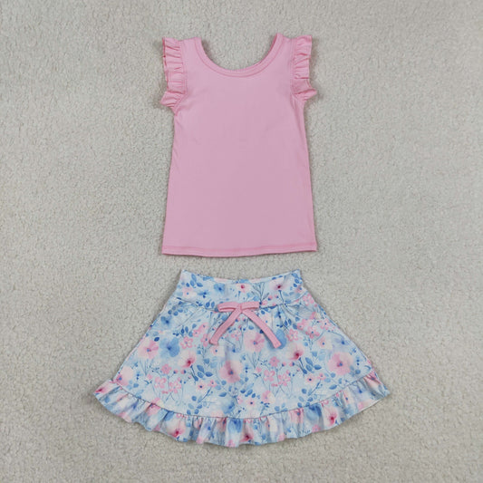 Baby Girls Pink Vest Colorful Floral Pockets Skirt Short Yoga Active Clothes Set