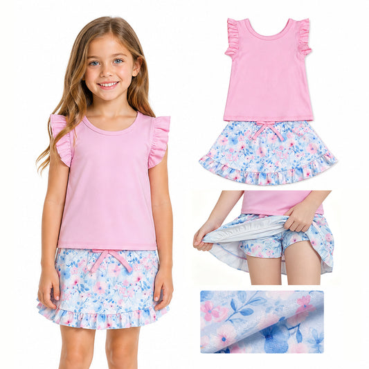 Baby Girls Pink Vest Colorful Floral Pockets Skirt Short Yoga Active Clothes Set