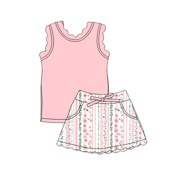 Baby Girls Light Pink Vest Colorful Floral Pockets Scallop Skirt Short Yoga Active Clothes Set Preorder