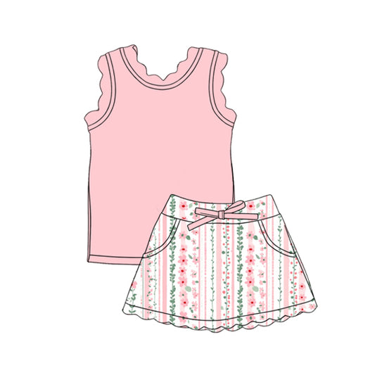 Baby Girls Light Pink Vest Colorful Floral Pockets Scallop Skirt Short Yoga Active Clothes Set Preorder