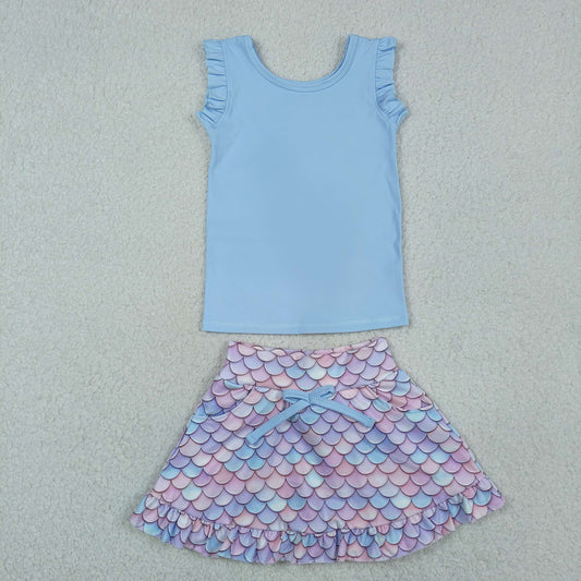 Baby Girls Blue Vest Mermaid Pockets Skirt Short Yoga Active Clothes Set