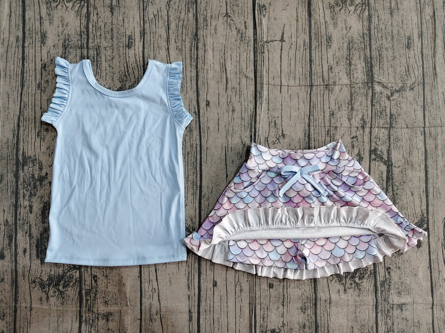 Baby Girls Blue Vest Mermaid Pockets Skirt Short Yoga Active Clothes Set