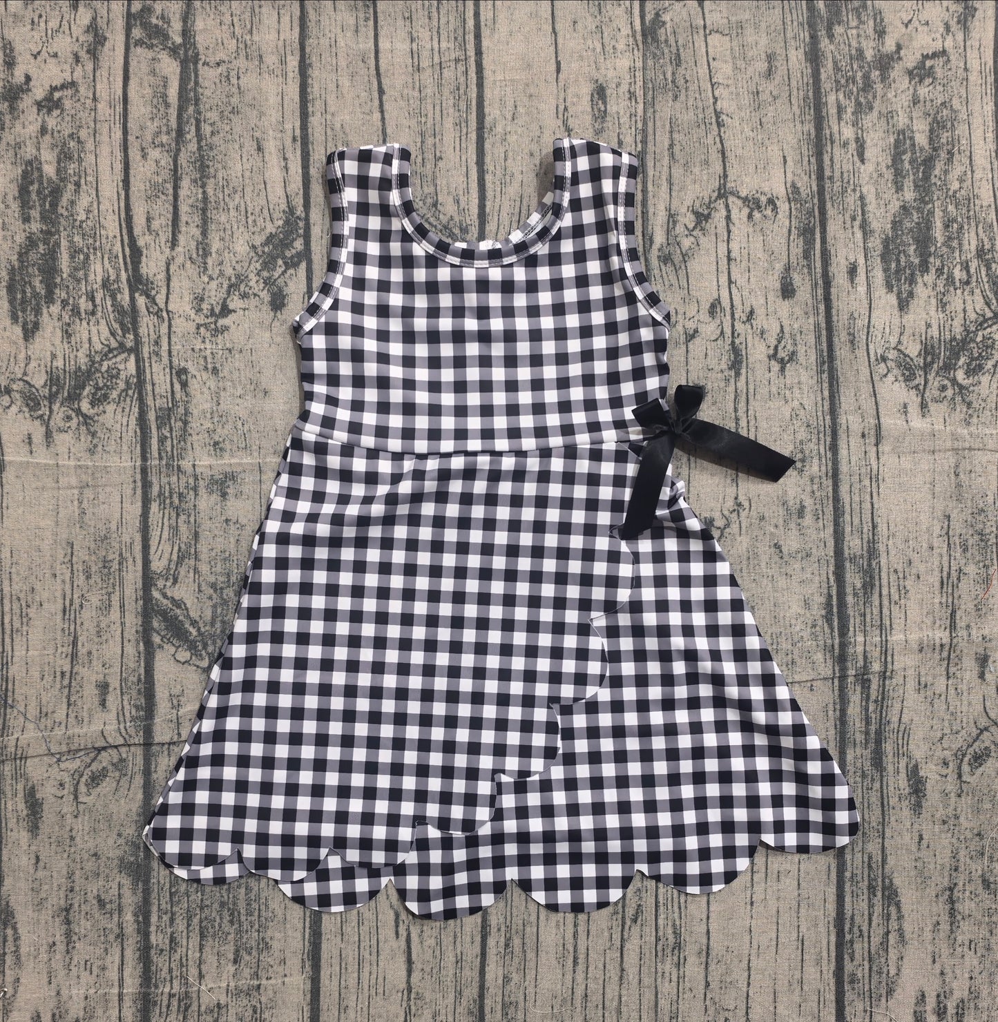 Baby Girls Black Checked Sleeveless Yoga Active Scallop Shorts Knee Length Dresses Preorder