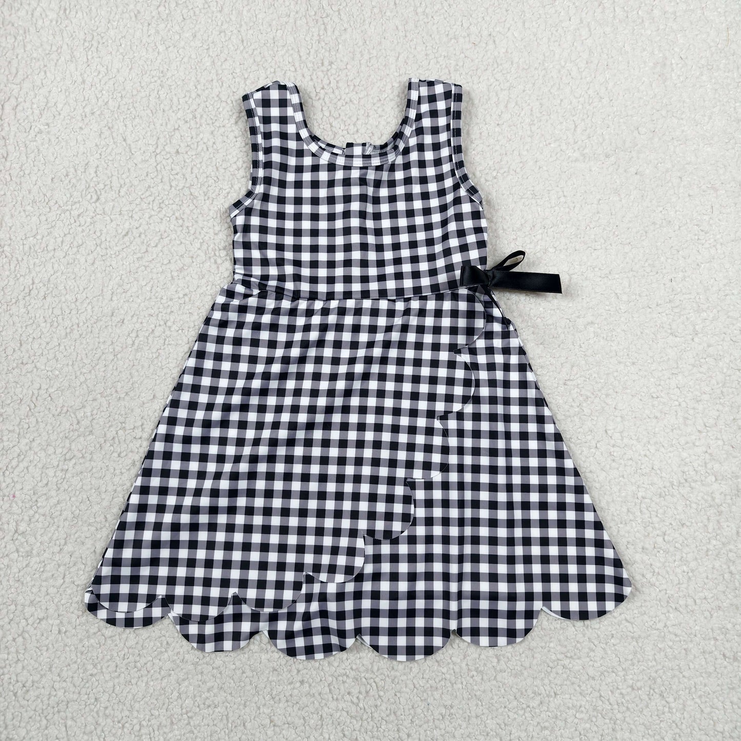 Baby Girls Black Checked Sleeveless Yoga Active Shorts Scallop Knee Length Dresses