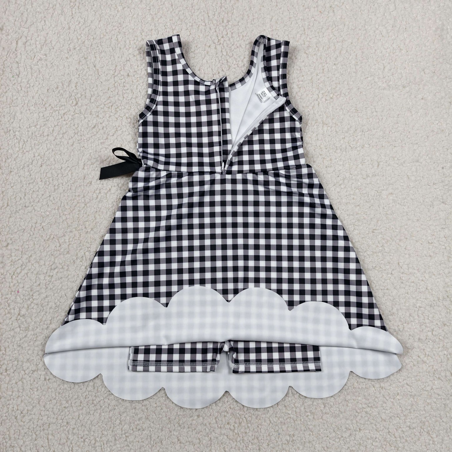 Baby Girls Black Checked Sleeveless Yoga Active Shorts Scallop Knee Length Dresses