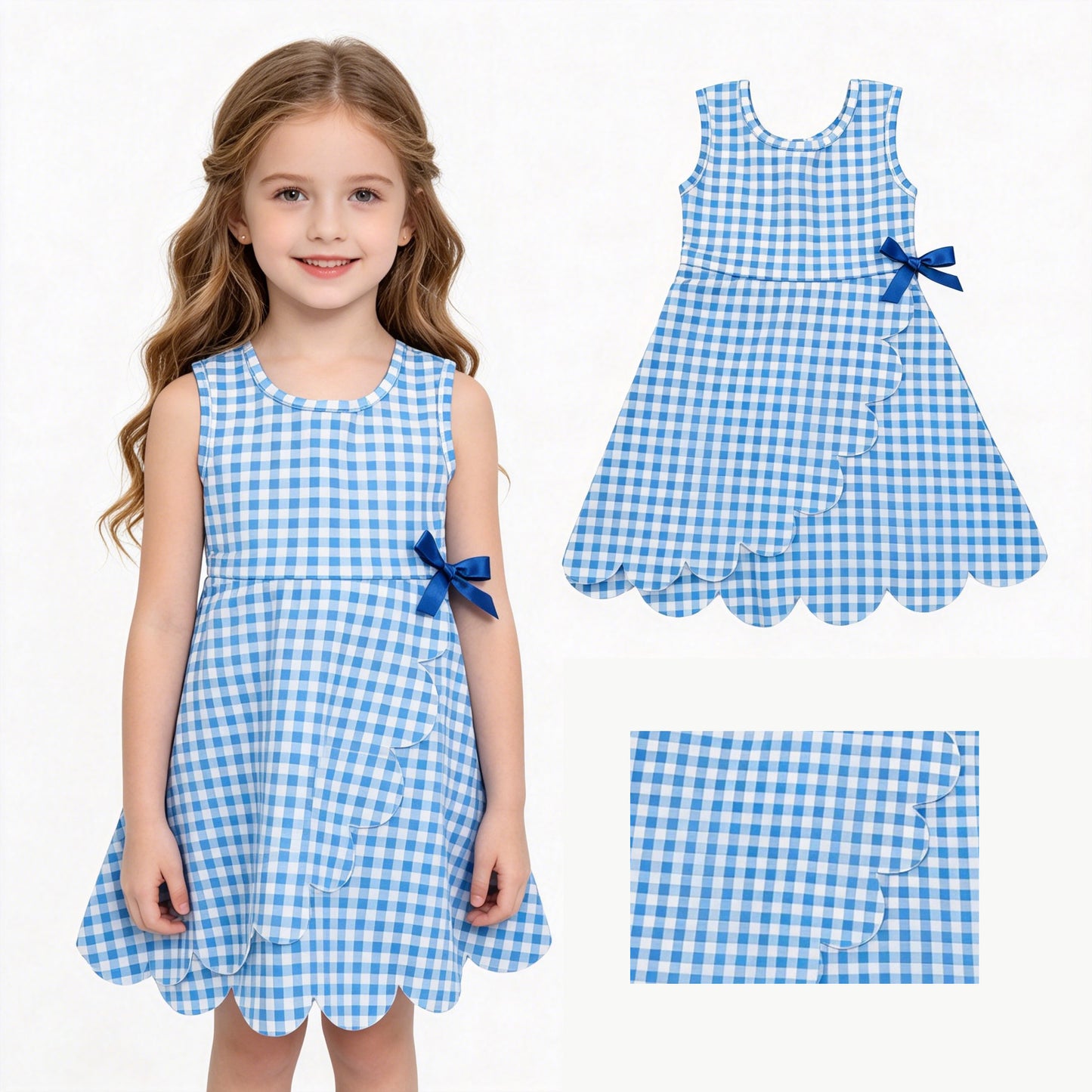 Baby Girls Blue Checked Sleeveless Yoga Active Shorts Scallop Knee Length Dresses