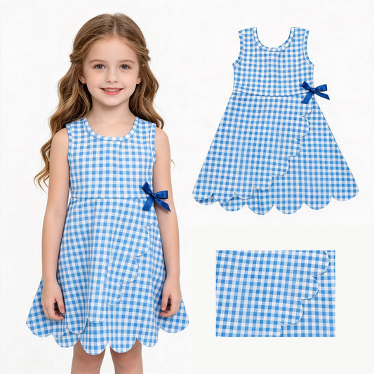 Baby Girls Blue Checked Sleeveless Yoga Active Shorts Scallop Knee Length Dresses