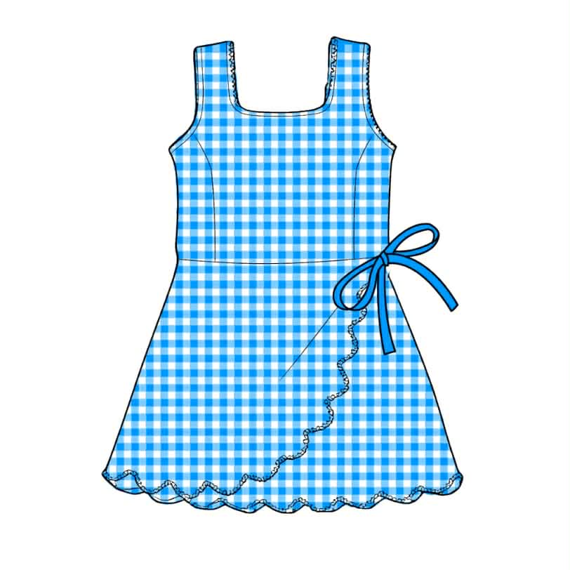 Baby Girls Blue Checked Sleeveless Yoga Active Scallop Shorts Knee Length Dresses Preorder
