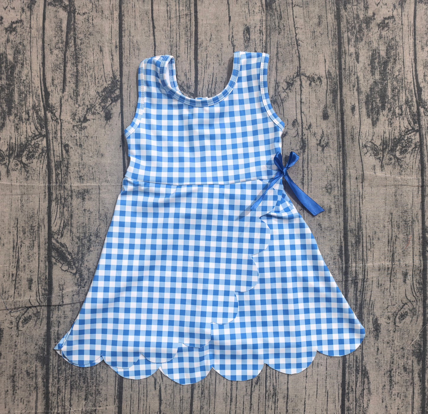 Baby Girls Blue Checked Sleeveless Yoga Active Scallop Shorts Knee Length Dresses Preorder