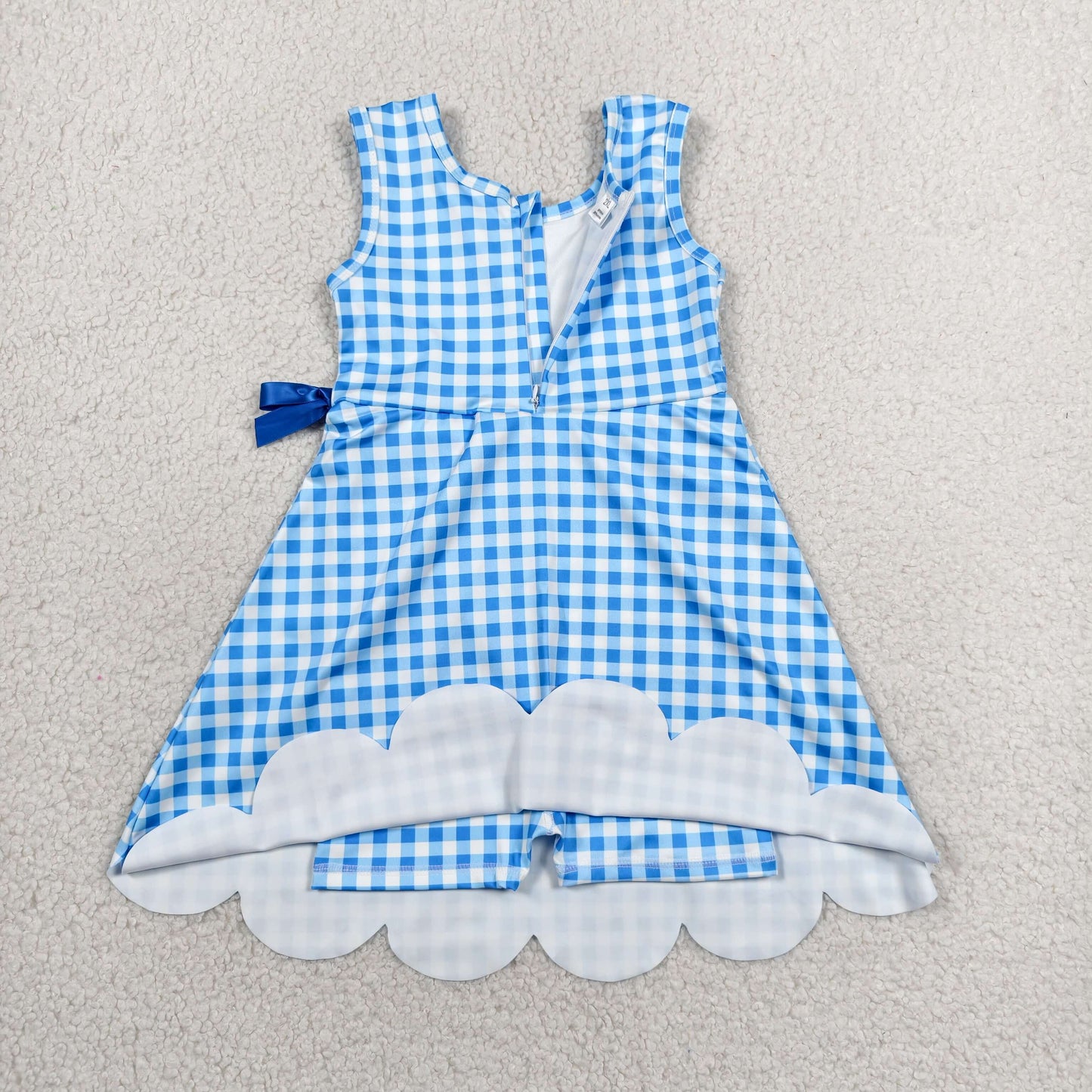 Baby Girls Blue Checked Sleeveless Yoga Active Shorts Scallop Knee Length Dresses