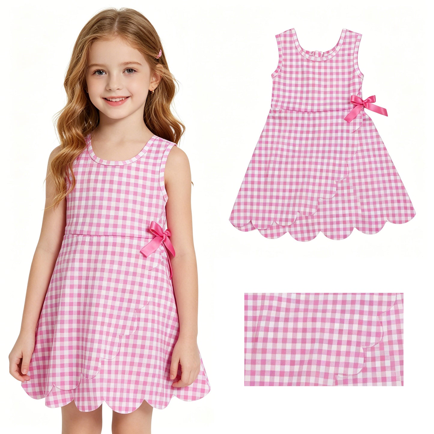 Baby Girls Pink Checked Yoga Active Shorts Scallop Knee Length Dresses