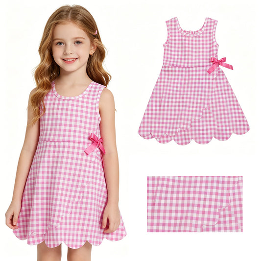 Baby Girls Pink Checked Yoga Active Shorts Scallop Knee Length Dresses