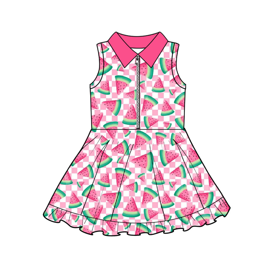 Baby Girls Sleeveless Pink Checked Watermelons Yoga Active Ruffle Knee Length Dresses