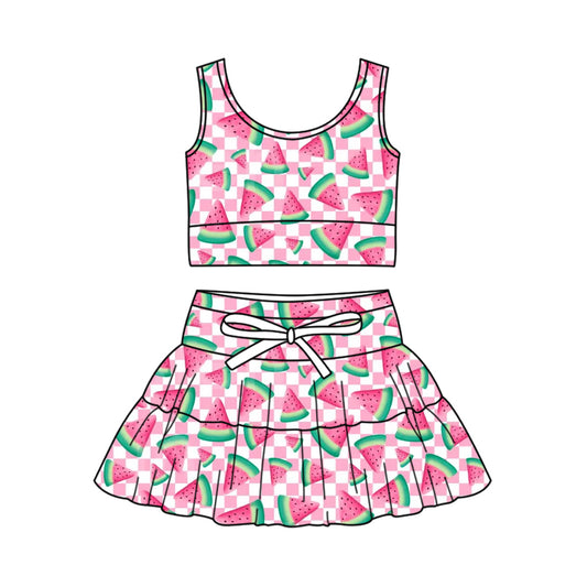 Baby Girls Pink Checked Watermelons Vests Skirt Short Yoga Active Clothes Set Preorder