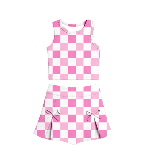 Baby Girls Pink Checked Vests Top Bows Skirt Short Yoga Active Clothes Set Preorder