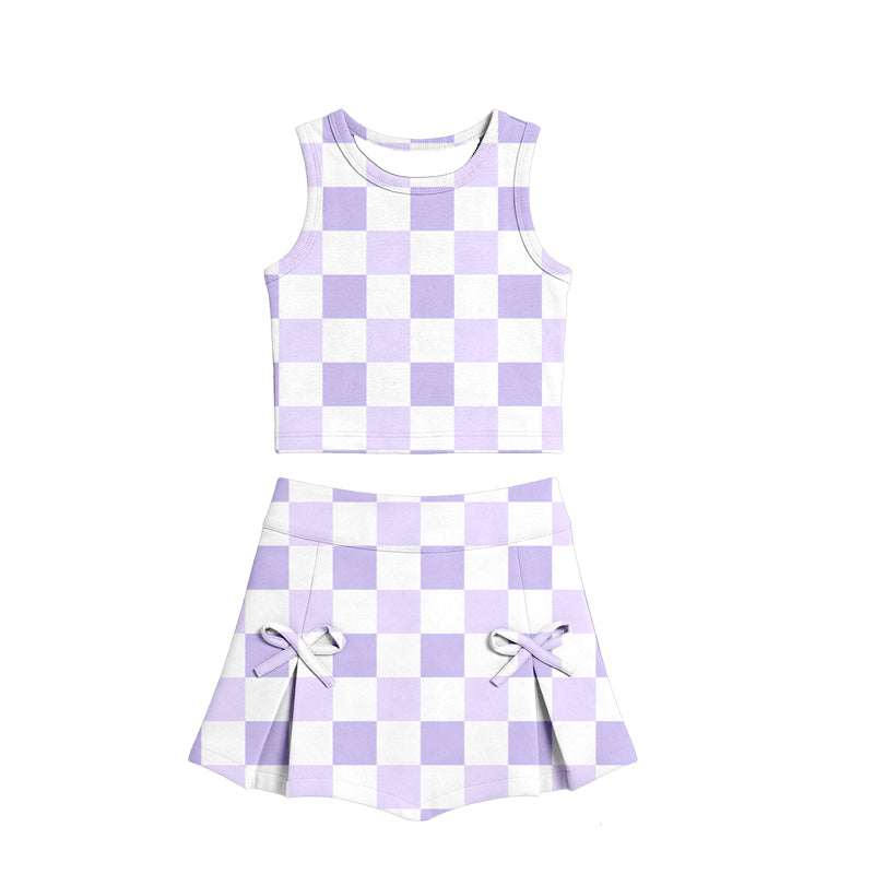 Baby Girls Lavender Checked Vests Top Bows Skirt Short Yoga Active Clothes Set Preorder