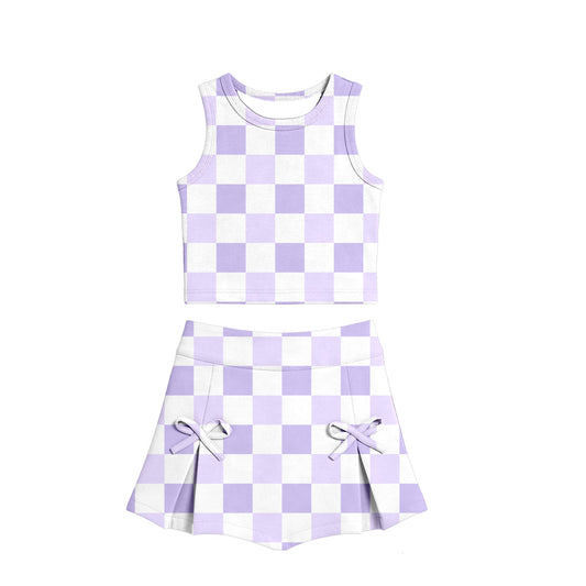 Baby Girls Lavender Checked Vests Top Bows Skirt Short Yoga Active Clothes Set Preorder