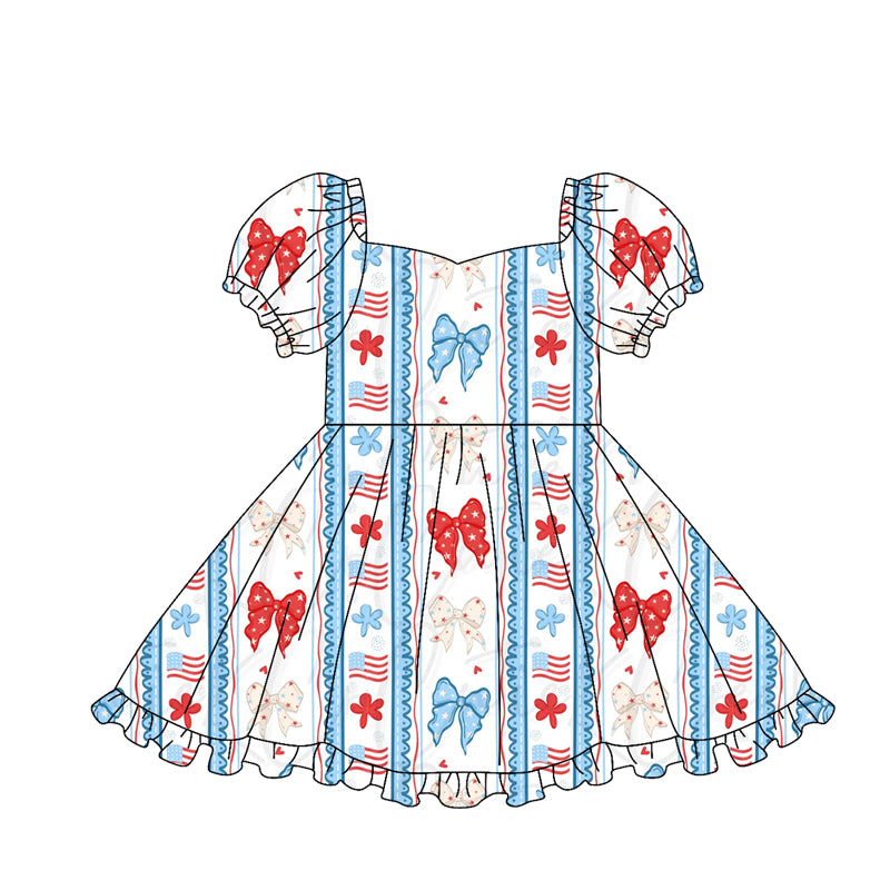 Baby Girls Flowers Bows Stripe 4th of July Ruffle Knee Length Dresses Preorder